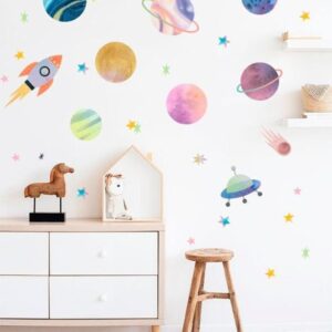 Planets Wall Decal Watercolor Solar System Nursery Kids Room Decoration h101