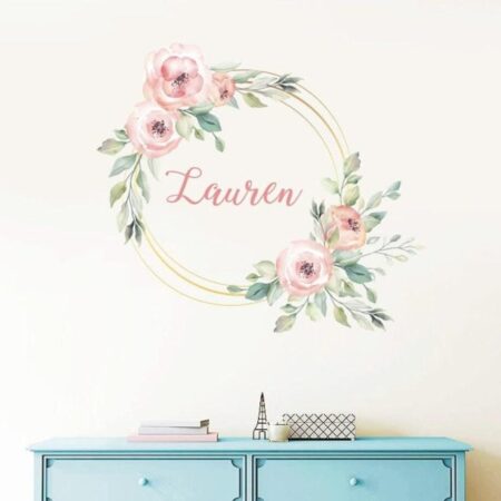 Personalized Peony Wrench Wall Decal Custom Name Frame Flowers Nursery Stickers Floral Decals