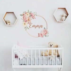 Custom Name flowers frame Wall Decal Wrench Personalized Nursery Stickers Floral Decals