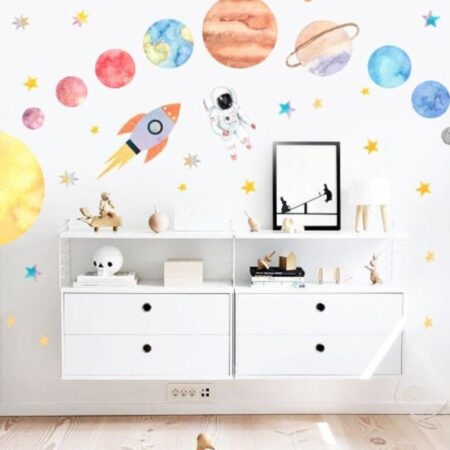 Space Wall Decals Watercolor Solar System Nursery Planet Kids Room Decoration Backdrop h102