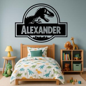 Personalized Jurassic park Wall Decal Dinosaur Custom Name Nursery Decor Birthday Backdrop