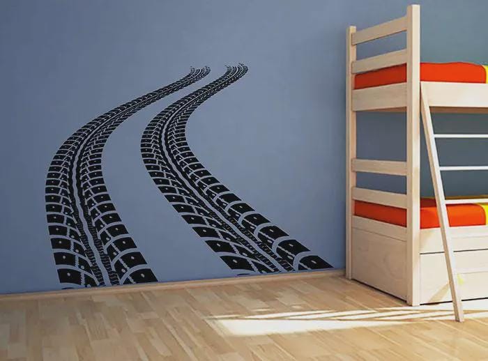 il_fullxfull.7703381120_3wr6.jpg Tire Tracks Wall Decal Racing Car Sticker Boys Room Garage Game Space or Man Cave ik3445