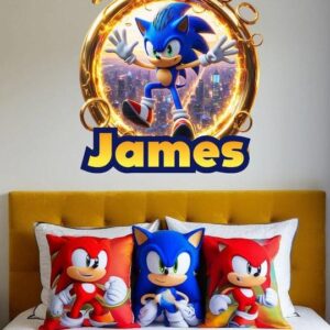 Personalized Blue Hedgehog Wall Decal Custom name Cartoon Sticker Kids Room Gaming Decor Backdrop z3333