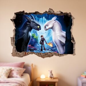 3D Dragon Wall Decal Night Fury and Light Fury Sticker Smashed Wall Art for Kids Bedroom and Fantasy Nursery Decor z3358