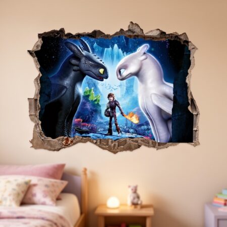 3D Dragon Wall Decal Night Fury and Light Fury Sticker Smashed Wall Art for Kids Bedroom and Fantasy Nursery Decor z3358