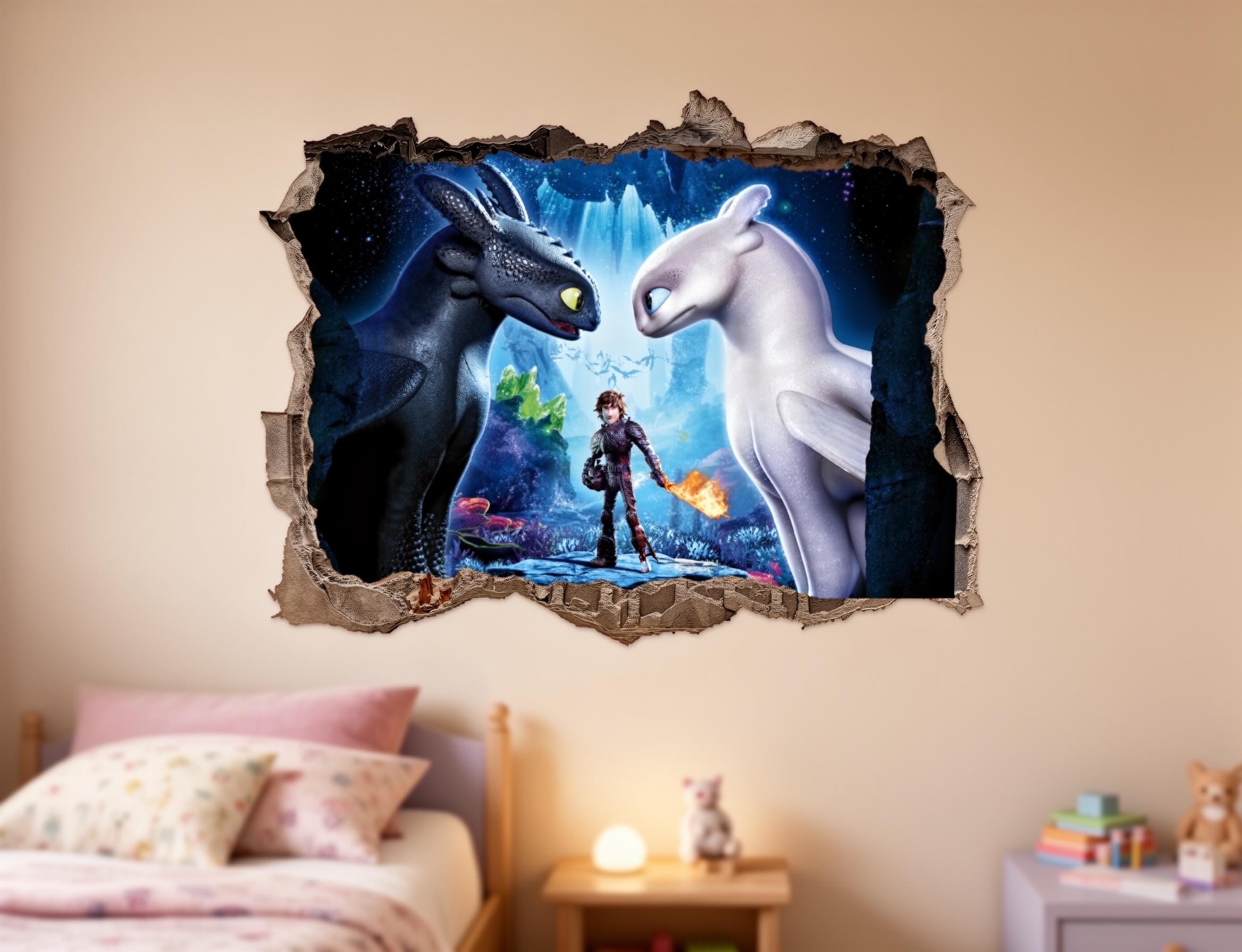 il_fullxfull.7779554699_bs99.jpg 3D Dragon Wall Decal Night Fury and Light Fury Sticker Smashed Wall Art for Kids Bedroom and Fantasy Nursery Decor z3358