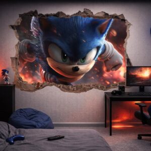 3D Blue Hedgehog Wall Decal Smashed Sonic Wall Sticker for Boys Gaming Bedroom Decor and Action Movie Mural Art z3359