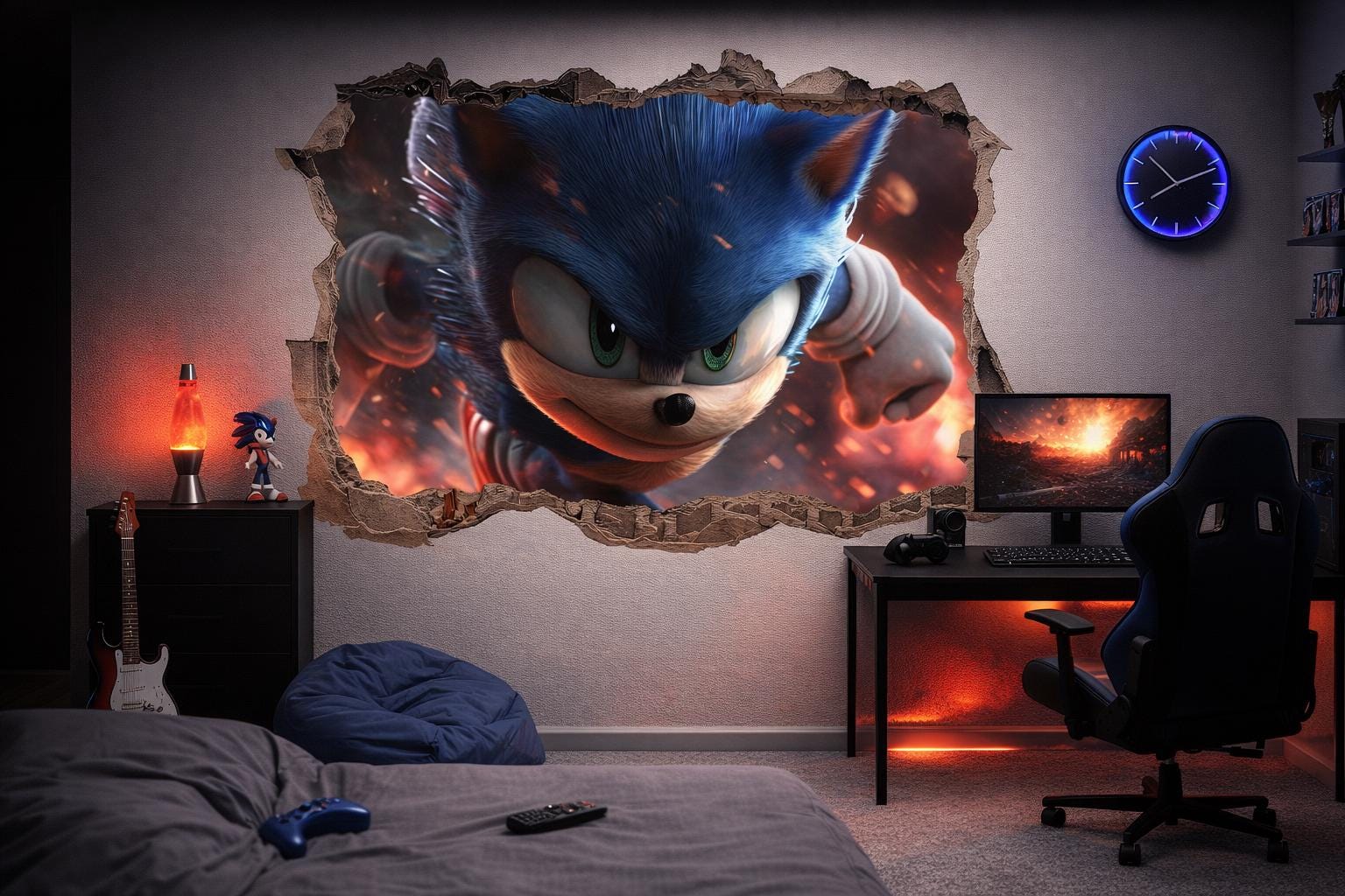 il_fullxfull.7779590479_8ckd.jpg 3D Blue Hedgehog Wall Decal Smashed Sonic Wall Sticker for Boys Gaming Bedroom Decor and Action Movie Mural Art z3359