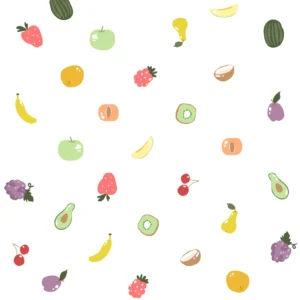 Reusable fabric fruit wall decals featuring lemons, strawberries, and blueberries on a child's bedroom wall.