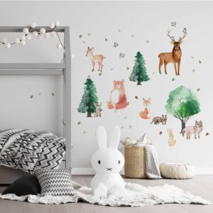 woodland forest animal wall decals – deer, bear, fox, trees, nature nursery stickers, woodland nursery decor lf005