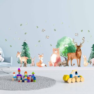 woodland forest animal wall decals – deer, bear, fox, trees, nature nursery stickers, woodland nursery decor lf005
