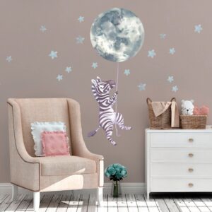 zebra nursery wall decals: moon balloon, stars safari kids room decor