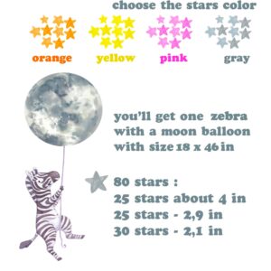 zebra nursery wall decals: moon balloon, stars safari kids room decor