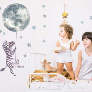 zebra nursery wall decals: moon balloon, stars safari kids room decor