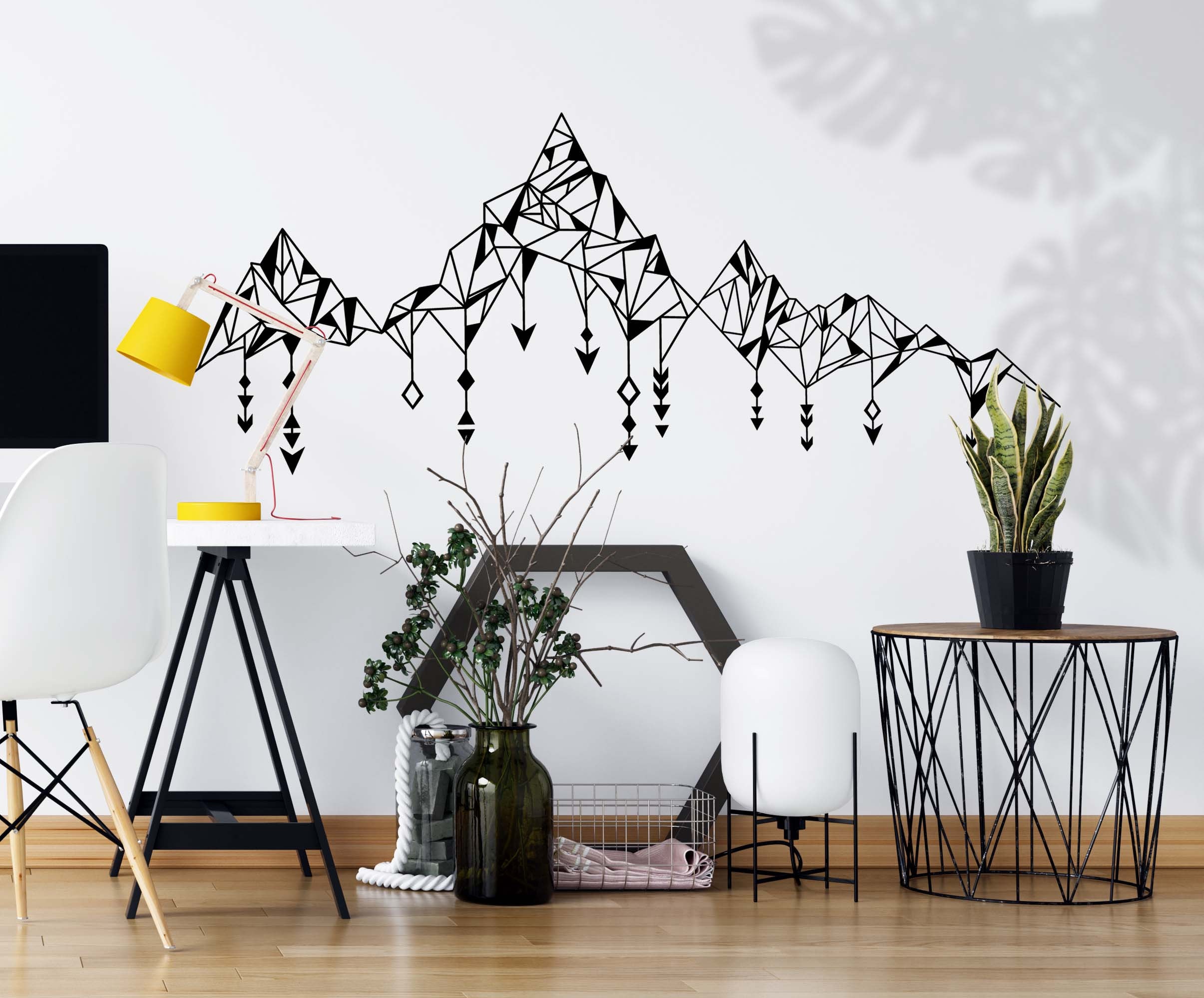 Geometric boho mountain wall decal displayed in a modern nursery Geometric boho mountain wall decal displayed in a modern nursery