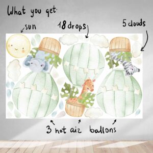 hot air balloon watercolor fabric decals, jungle safari animals large green leaves nursery decor, peel and stick lf57