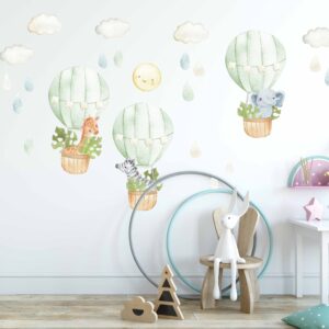 hot air balloon watercolor fabric decals, jungle safari animals large green leaves nursery decor, peel and stick lf57