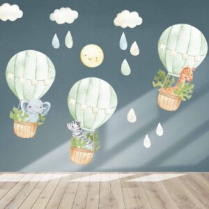hot air balloon watercolor fabric decals, jungle safari animals large green leaves nursery decor, peel and stick lf57
