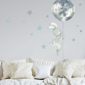 Watercolor Bunny Wall Decal – Moon Balloon & Stars