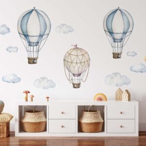 retro balloon cloud decals installed — nursery kids room vintage sky feature wall