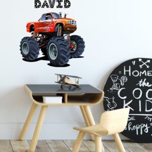 personalized monster truck wall decal, boys room decor, removable vinyl sticker lf096