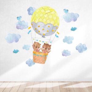 hot air balloon decals bear nursery watercolour forest animal stickers clouds bird, lf108