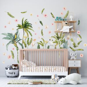 palm tree wall decals tropical leaves banana leaf parrot greenery stickers, lf121