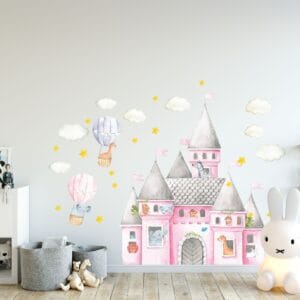 castle decals installed — nursery toddler storybook feature wall safari balloons