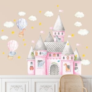 watercolor castle safari sticker close-up — nursery toddler medievalcore decal detail