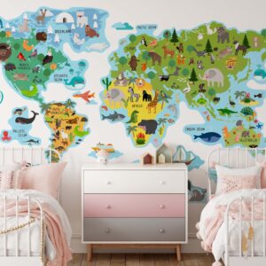 world map wall decal sticker, animals world map for kids room decor lf181