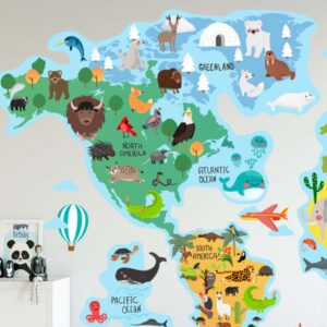 world map wall decal sticker, animals world map for kids room decor lf181