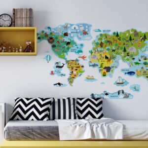 world map wall decal sticker, animals world map for kids room decor lf181