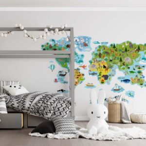 world map wall decal sticker, animals world map for kids room decor lf181