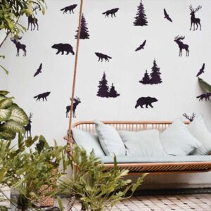 woodland forest animals wall decals stickers bear deer wolf pine tree, lf184