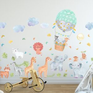 Jungle Animals Hot Air Balloon Wall Decals Safari Clouds