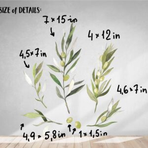 olive leaf wall decals, greenery branch vinyl stickers for kitchen, bedroom, or boho room decor, lf198