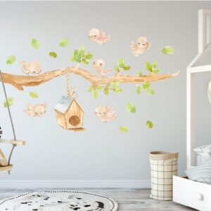 bird wall decals sparrow swallow stickers birdhouse tree greenery, lf214