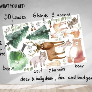 woodland forest animal wall decals – deer, bear, fox, trees, nature nursery stickers, woodland nursery decor lf005