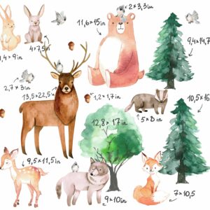 woodland forest animal wall decals – deer, bear, fox, trees, nature nursery stickers, woodland nursery decor lf005