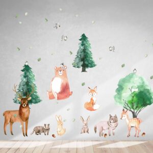 woodland forest animal wall decals – deer, bear, fox, trees, nature nursery stickers, woodland nursery decor lf005
