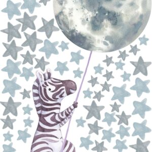 zebra nursery wall decals: moon balloon, stars safari kids room decor