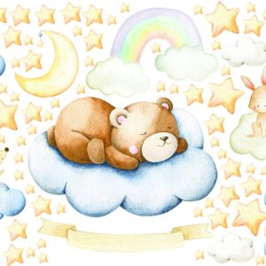bear wall sticker sleeping animal decal stars moon clouds woodland night sky custom name, lf037