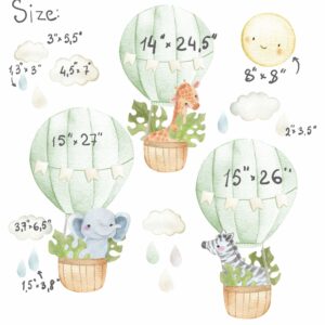 hot air balloon watercolor fabric decals, jungle safari animals large green leaves nursery decor, peel and stick lf57