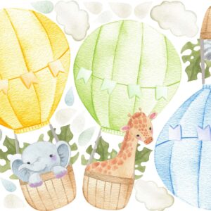 hot air balloon watercolor fabric decals, jungle safari animals large green leaves nursery decor, peel and stick lf57