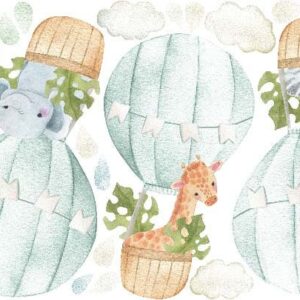hot air balloon watercolor fabric decals, jungle safari animals large green leaves nursery decor, peel and stick lf57