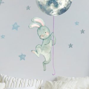 Watercolor Bunny Wall Decal – Moon Balloon & Stars