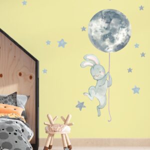 Watercolor Bunny Wall Decal – Moon Balloon & Stars