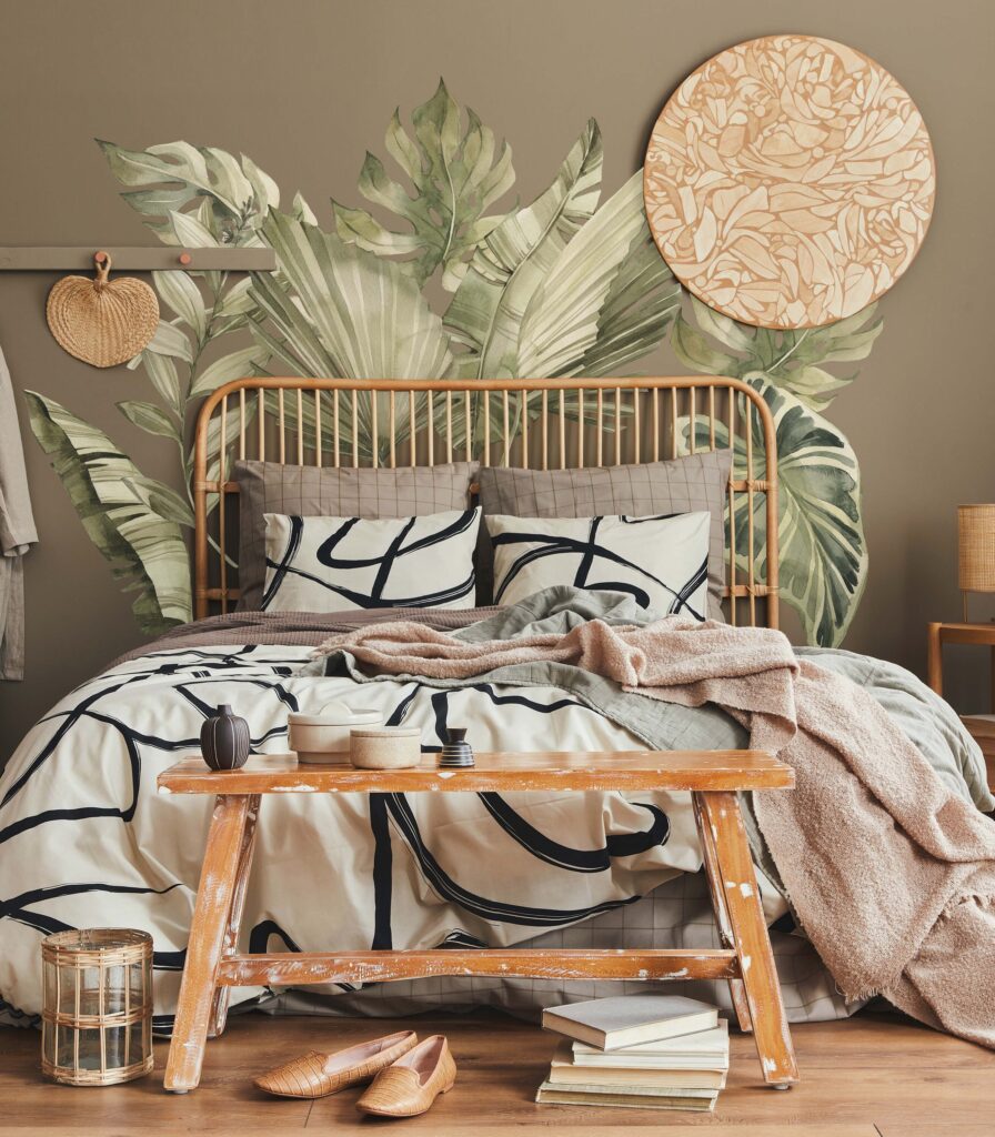 How to Remove Wall Decals Without Damaging Paint tropical leaf sticker close-up — deep green boho jungle detail