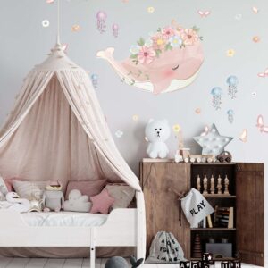 Whale Wall Decal Pink Sticker Butterflies Jellyfish Flowers