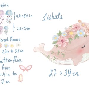 Whale Wall Decal Pink Sticker Butterflies Jellyfish Flowers